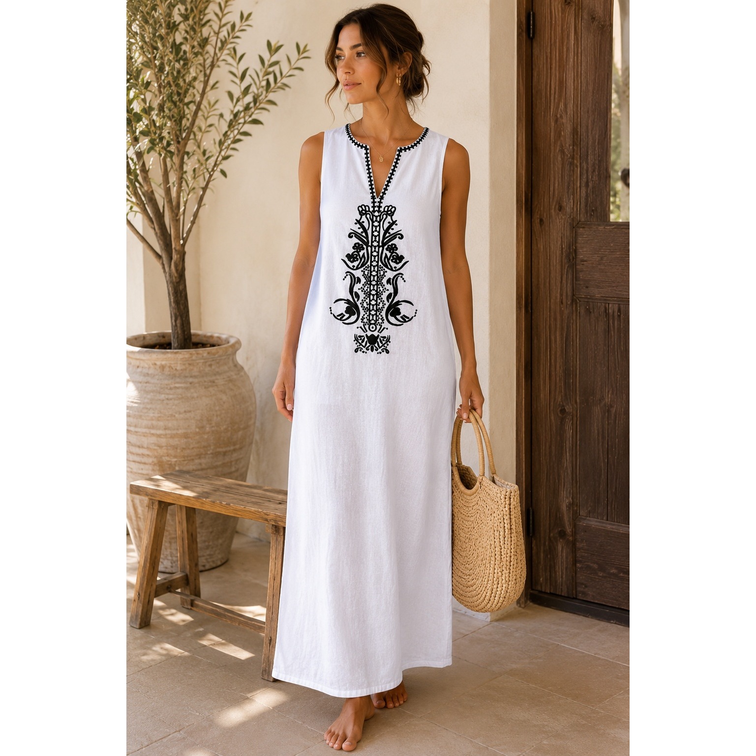 Tahari White Linen Blend Embroidered V-Neck Sleeveless Maxi Dress Womens Xs